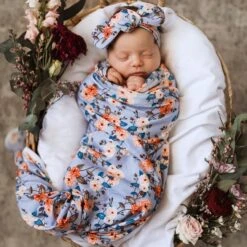Vintage Blossom Baby Jersey Wrap &amp; Topknot Set