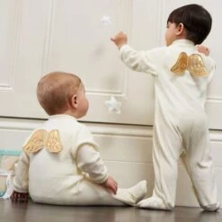 Angel Wings Sleepsuit | Velour Gold -Cheap Baby Products Store MARIE CHANTAL Ivory Velour Babygrow with Gold Angel Wings